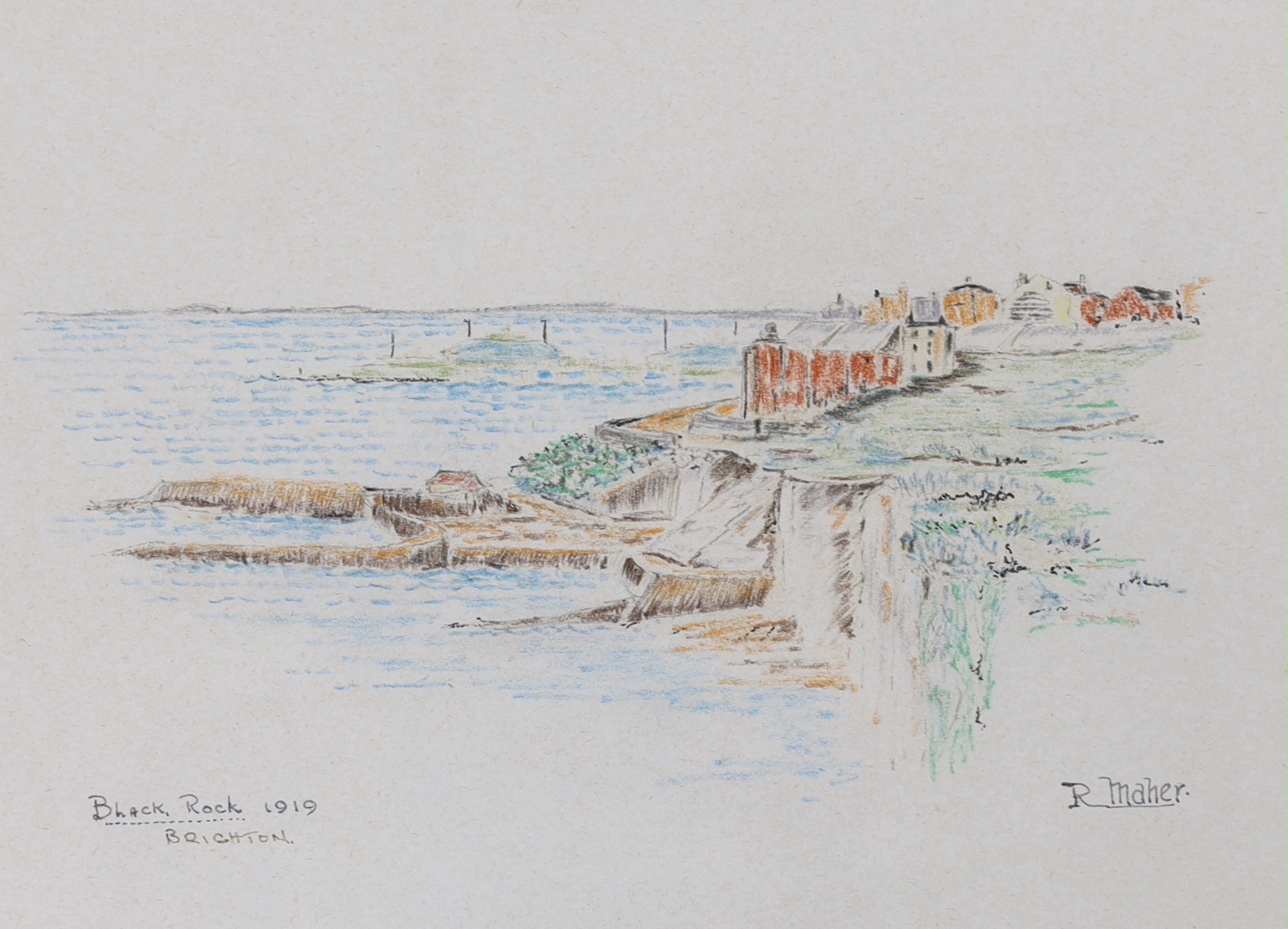 R. Maher (20th. C), set of six crayon and pencil sketches, Brighton views including West Pier and Black Rock, some signed and inscribed, each 24 x 19cm